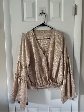 Neutral Animal-Print Surplice Blouse with Tiered Bell Sleeves